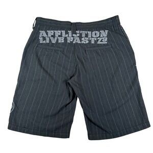 Affliction Black Premium Mens 34 Pinstripe Shorts Live Fast Embroidered Grey Y2K